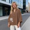 Women Shirt Lapel Buttons Half Placket Batwing Long Sleeve Shirt Tops Loose Fit A-Line Dandelion Print Casual