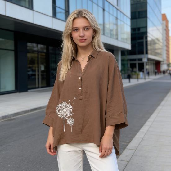 Women Shirt Lapel Buttons Half Placket Batwing Long Sleeve Shirt Tops Loose Fit A-Line Dandelion Print Casual