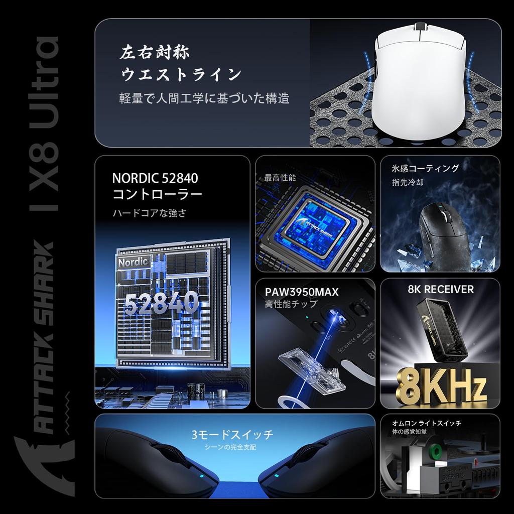 ATTACK SHARK X8 Ultra Gaming Super Lightweight Wireless 8000Hz Polling PAW3950MAX Nordic52840 8K 42K 60G 500mAh Web Large 100 Million Switch Bilateral