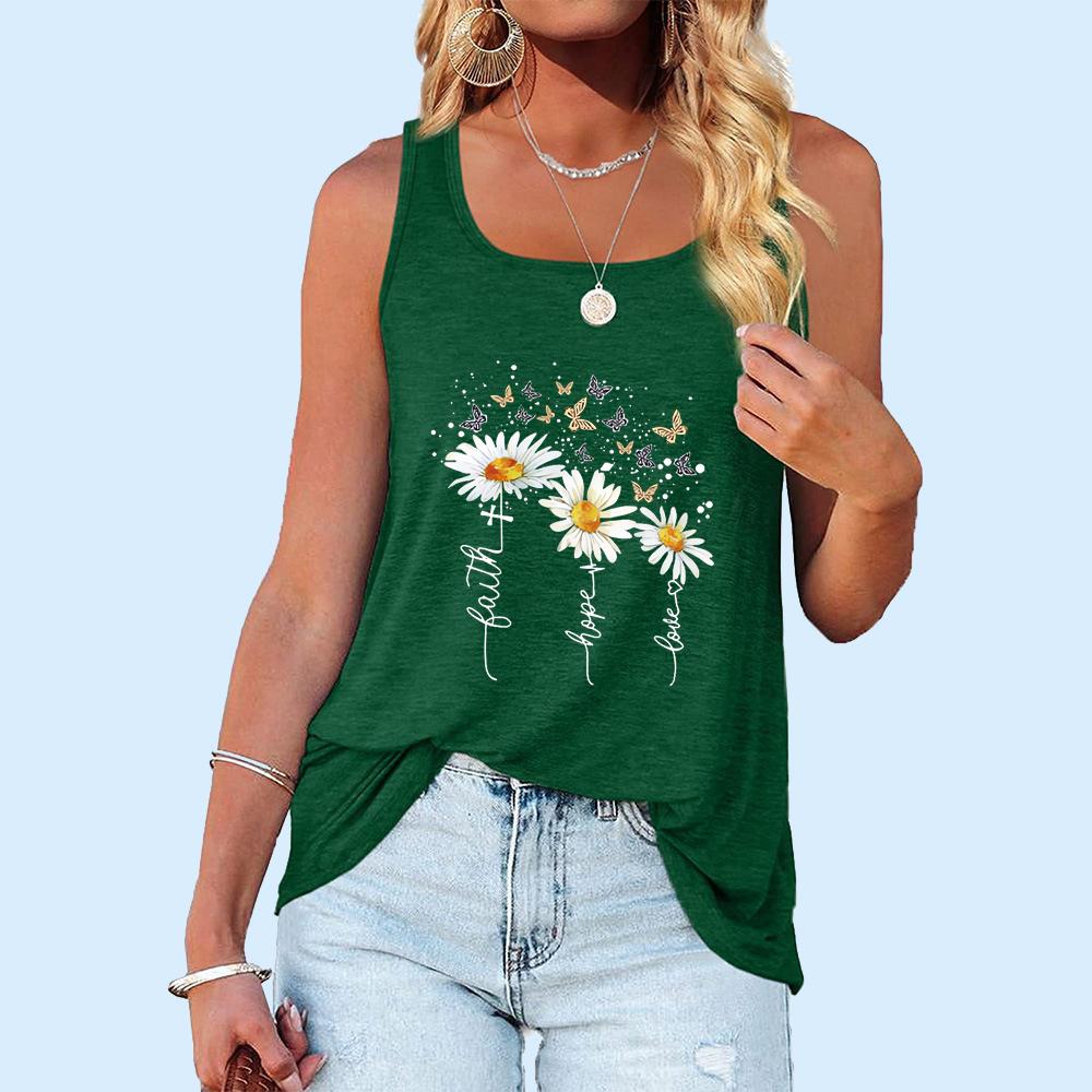 Women Fashion Summer Sleeveless Top Casual Printed O Neck T-shirt Laides Loose Tank Top