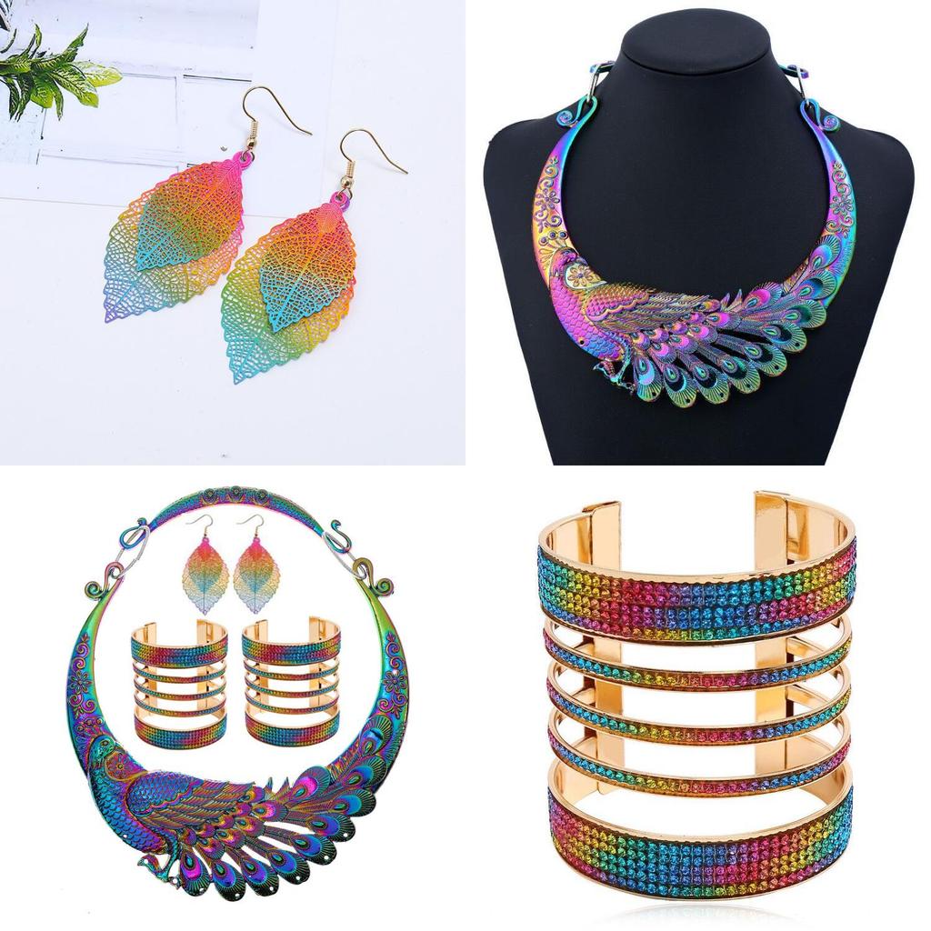 Colorful Necklace Earrings Bracelet Three Piece Set With Peacock Shaped Designss For Gift And Party