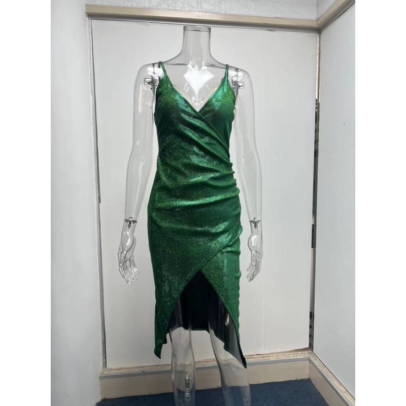 Spring/summer Sexy Glitter Dress with High Split Deep V Strap