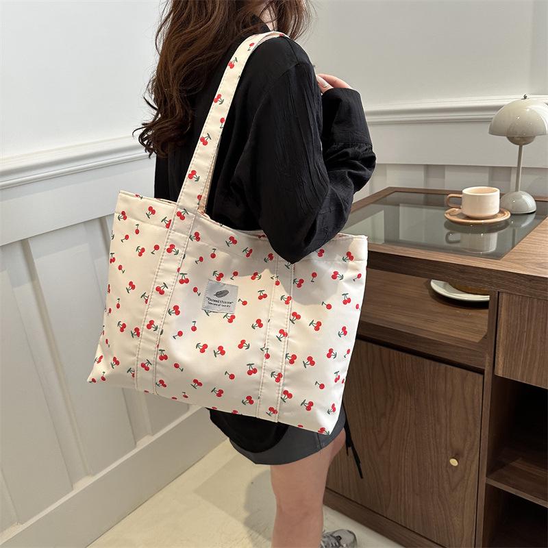 Stylish Cherry Print Tote Bag - Large Capacity Floral Shoulder Bag for Women, Summer 2025 Collection