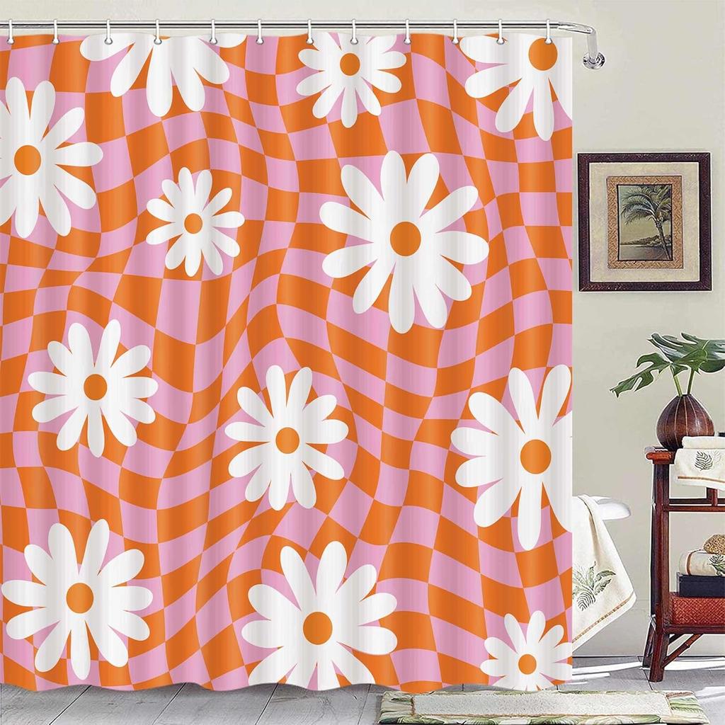 Pink Shower Curtain,Mushrooms Flower Floral Bath Curtain,Retro 70S Hippie Groovy Shower Curtains For Girls Bathroom Decor