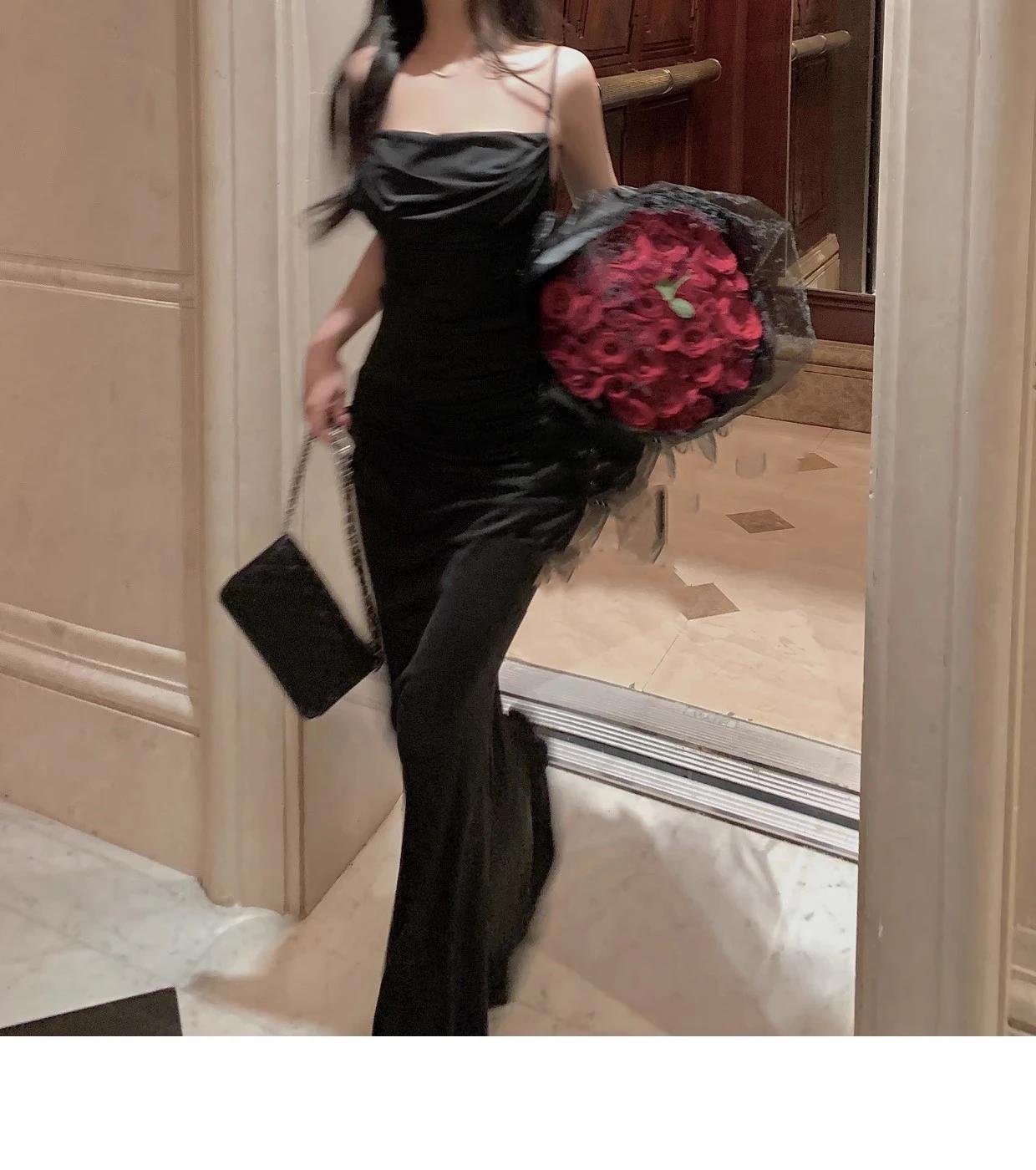 

Женское элегантное сексуальное облегающее платье русалки, летняя новая мода на бретельках, вечернее платье для подиума, корейское женское однотонное длинное платье L чёрный