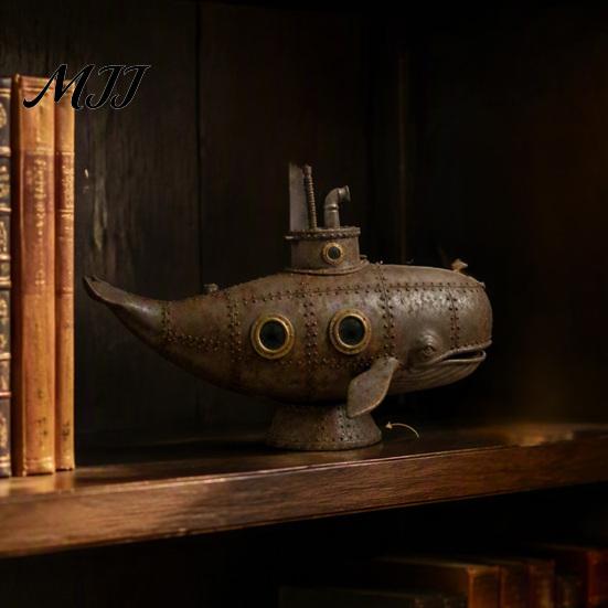 Retro Style Room Decor Vintage Mechanical Whale Sculpture, Futurism Steampunk Submarine Art Statue, Resin Aged Look Marine Statue Rivet Model for Home