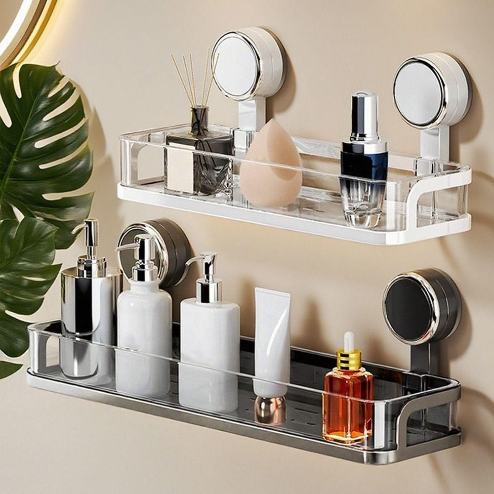 Simple Wall Mounted Bathroom Storage Rack Suction Cup Design Non Perforated Bathroom Toiletries Holder Shower Storage Shelf Home
