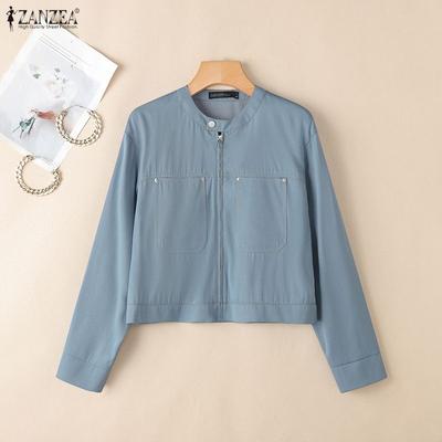 Women Stand Collar Casual Long Sleeve Zipper Blouse
