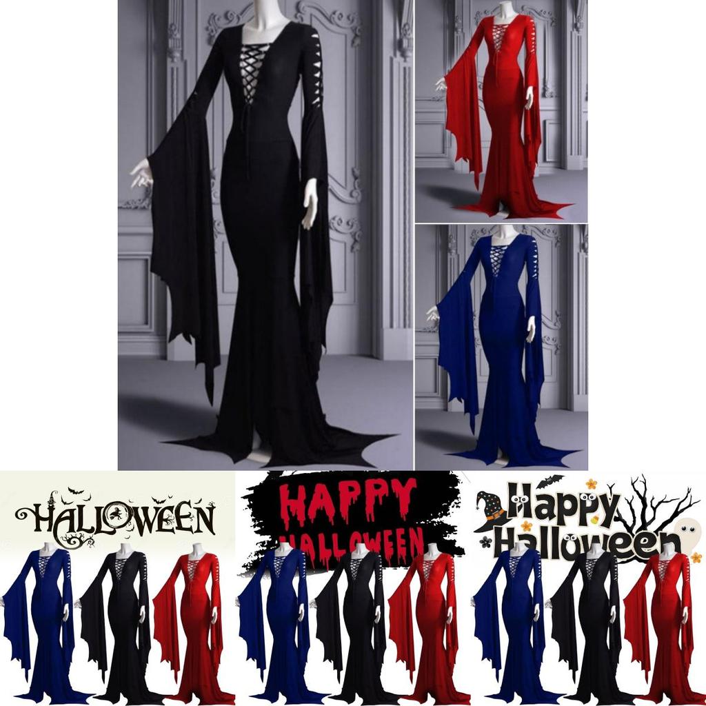 Trendy New Halloween Sexy V Neck Dress With Flare Sleeves Available In Red Black And Blue Sizes S To 5xl For A Chic Retro Look
