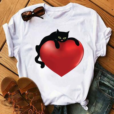 Women T Shirt Red Heart With Black Cat Print T Shirt Female Short Sleeve Cute Cartoon Tops Tee Women Graphic T -Shirt Summer Tees