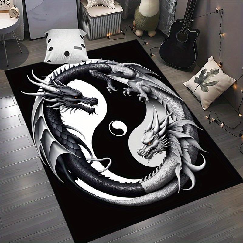Yin Yang Double Dragon Print Area Rug, Non-Slip Decorative Floor Mat for Living Room, Bedroom and Patio Decor