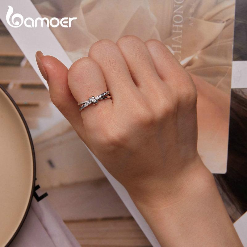 Bamoer 925 Sterling Silver Double Layer Knot Finger Ring Stackable Rings for Women Original Design Fine Jewelry