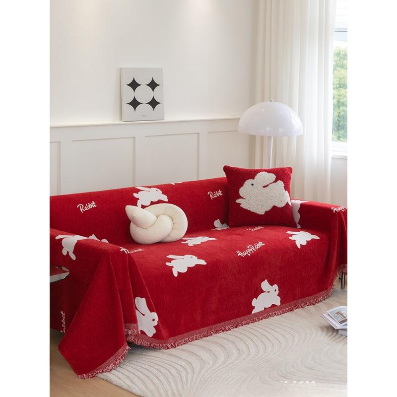 Red Festive Simple Chenille Sofa Cover Towel Cartoon Cute Rabbit Non-Slip Universal Full Covered Sofa Slipcover Sets