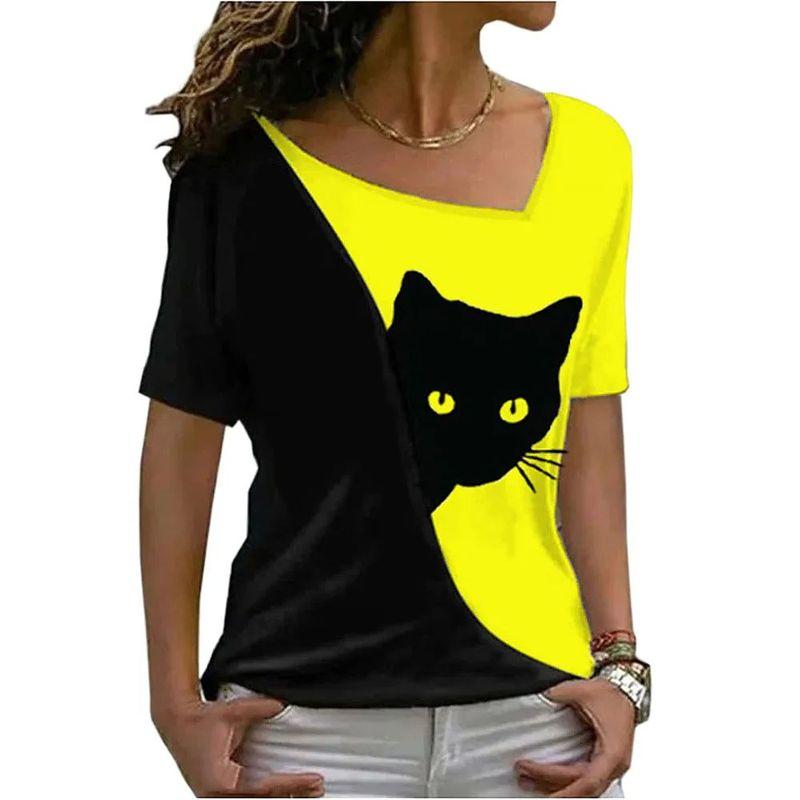Diagonal Collar Black Cat Printed T-shirt Diagonal Collar Black Cat Print T-shirt