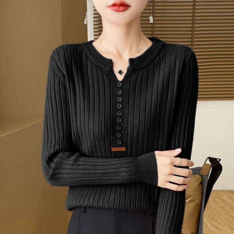 Autumn Winter Women Sweaters Pullovers V-Neck Solid Button Korean Fashion Casual Long Sleeve Thicken Bottoming Shirt Knit Tops