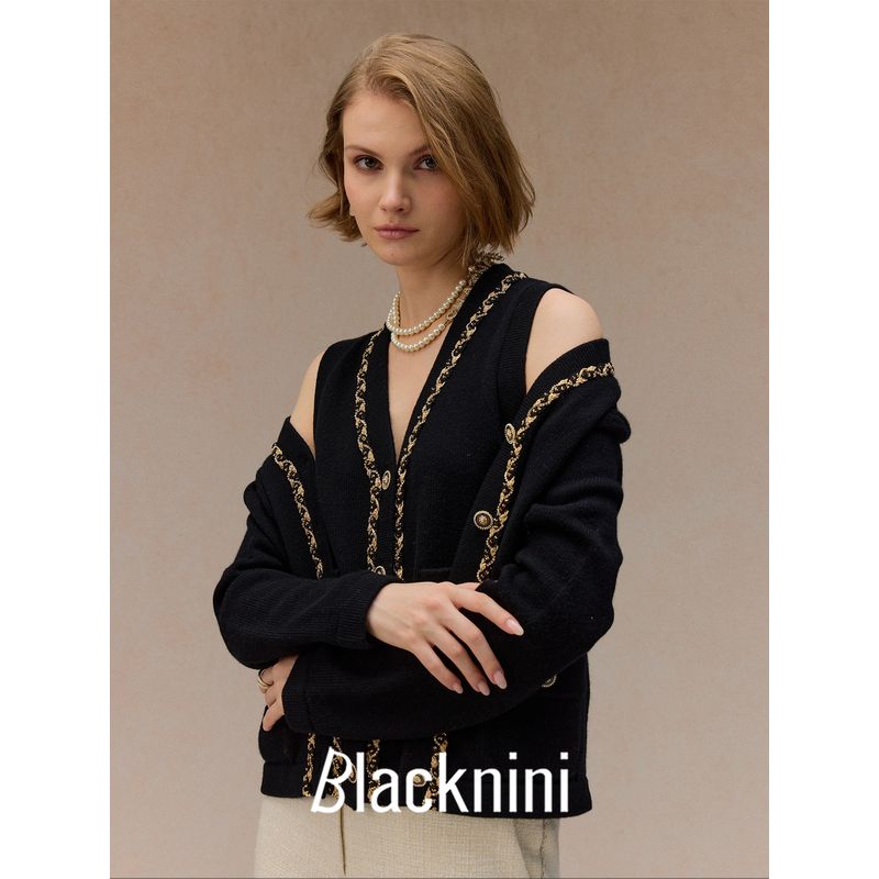 Blacknini Yin WAF/"Gatsby" Australian Mernu Wool Gold Silk Trim Knitting Vest Cardigan