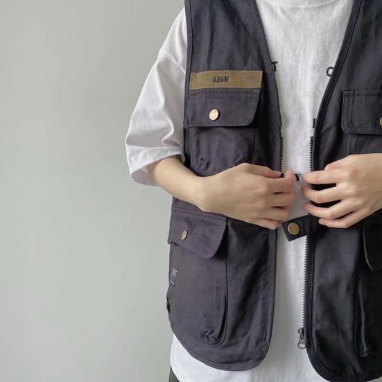 Unisex ležérní vesta bez rukávů s mnoha kapsami design vesta kabát zip knoflíky zapínání bunda cargo