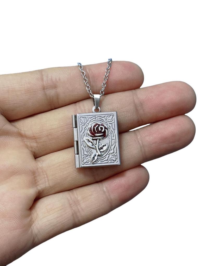 Retro Gothic Blood-red Rose Black Cross Relief Book-shaped Pendant Necklace for Women Men Halloween Stainless Steel Jewelry Gift