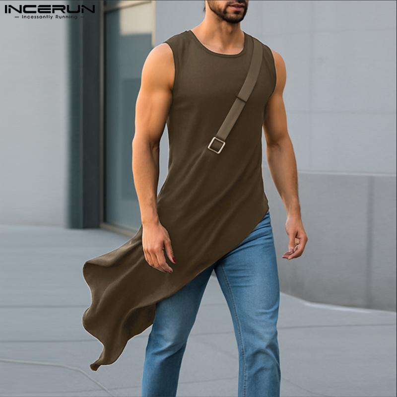 INCERUN Men Sleeveless Irregular Hem Splits Casual Long Tank Tops