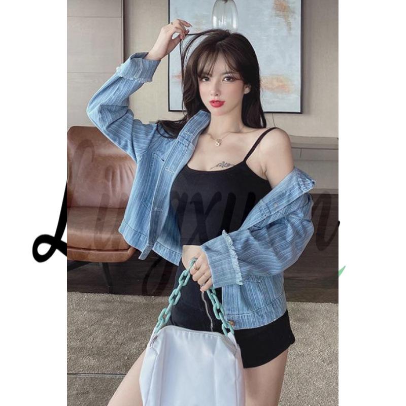 

**Autumn/Winter French Striped Plaid Loose Denim Jacket** One Size синій