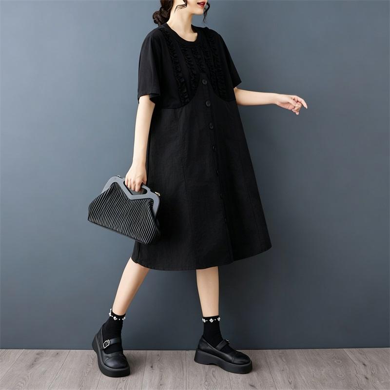 short sleeve Plus size black vintage Patchwork new in dresses for women casual loose Midi summer dress