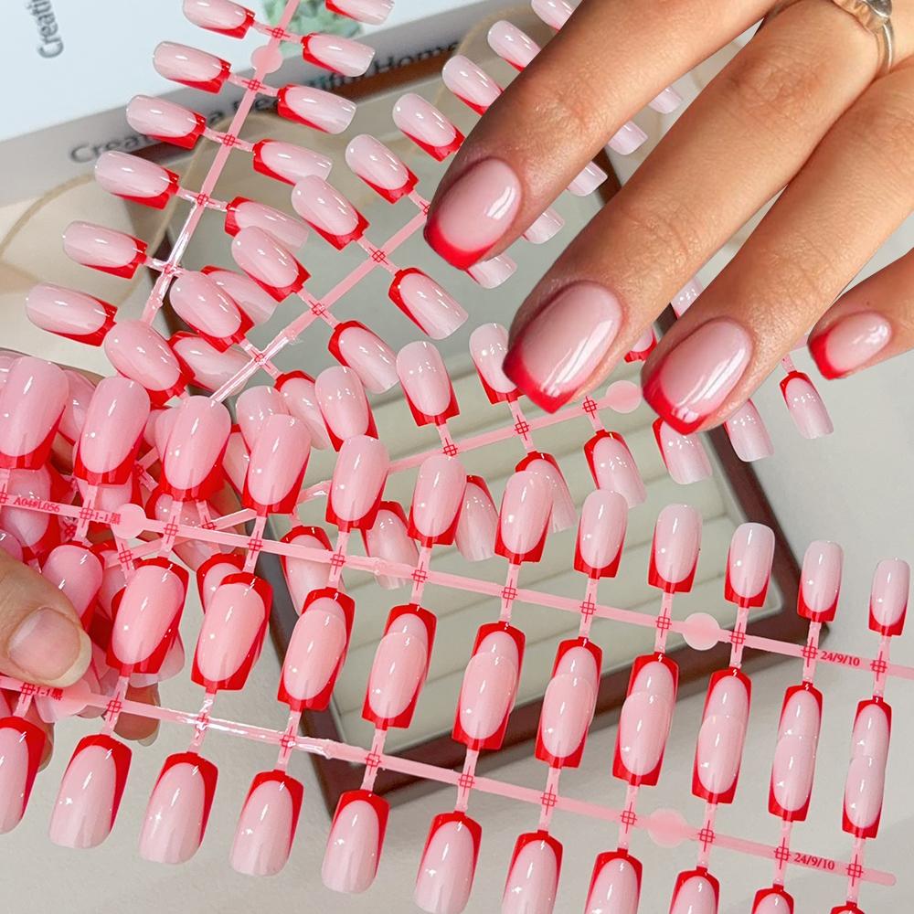120Pcs Short Square White French Fake Nails Tips Nude Pink Coffin-shaped Glossy Press On Nails Full Cover Wearable False Nails-#
