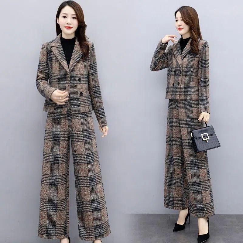

Осенне-зимний модный шерстяной клетчатый деловой костюм, костюм с широкими брюками, женский шерстяной костюм, брюки с высокой талией, костюм-двойка, весна 3XL 67.5 kg-72.5 kg