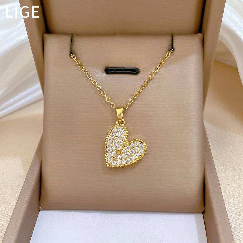Full Diamond Love Fashion Light Luxury Temperament Gorgeous Full Diamond Necklace Female Versatile Collarbone Chain Titanium Steel Chain