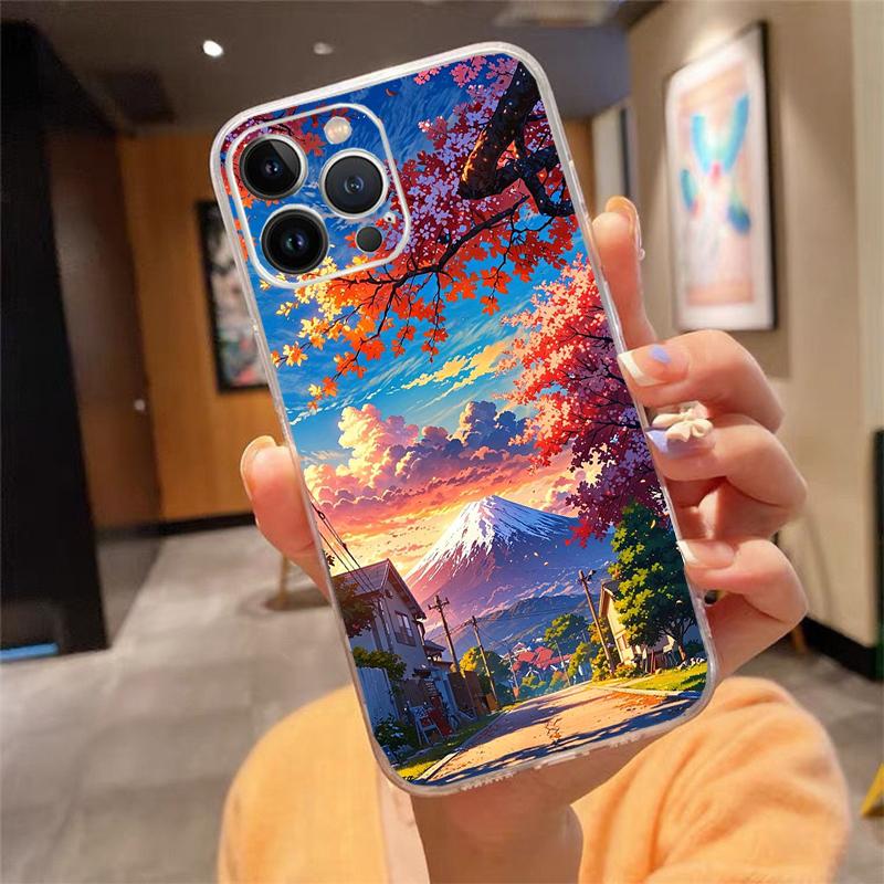 Japanese Landscape Cherry Flower Phone Case For iPhone 17 Pro Max 17 Air 16 15 14 13 Pro Max 15 16 Pro 15Plus