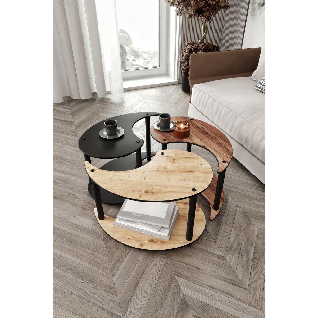 Yin Yang Unity Serenity Coffee Table Set Of 3 Oak Walnut Black 70 Cm