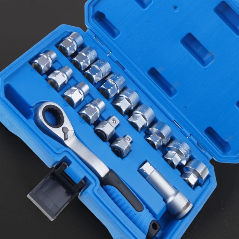 17-częściowy zestaw kluczy nasadowych przelotowych ze stali stopowej z wieloma nasadkami do zastosowań mechanicznych, oszczędzający miejsce