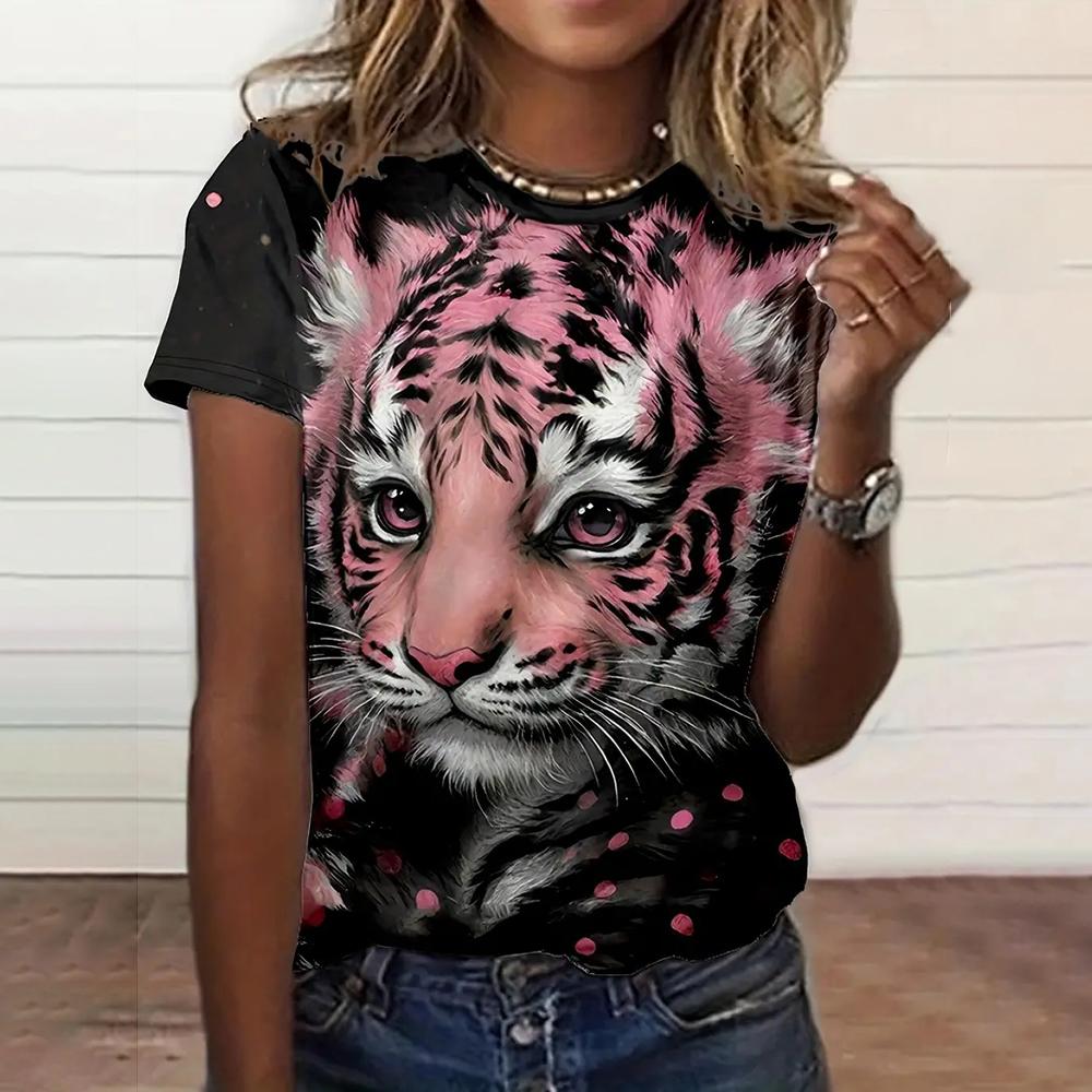 Women's Fashionable Short Sleeve T-Shirts 3d Leopard Print Top Tees Spring & Summer Breathable Women's Casual Pullovers & Blouse