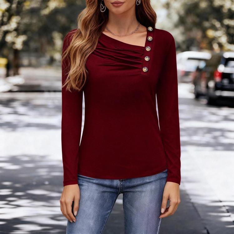Top da Donna in Seta di Latte a Maniche Lunghe alla Moda Casual con Collo Asimmetrico e Bottoni T-shirt