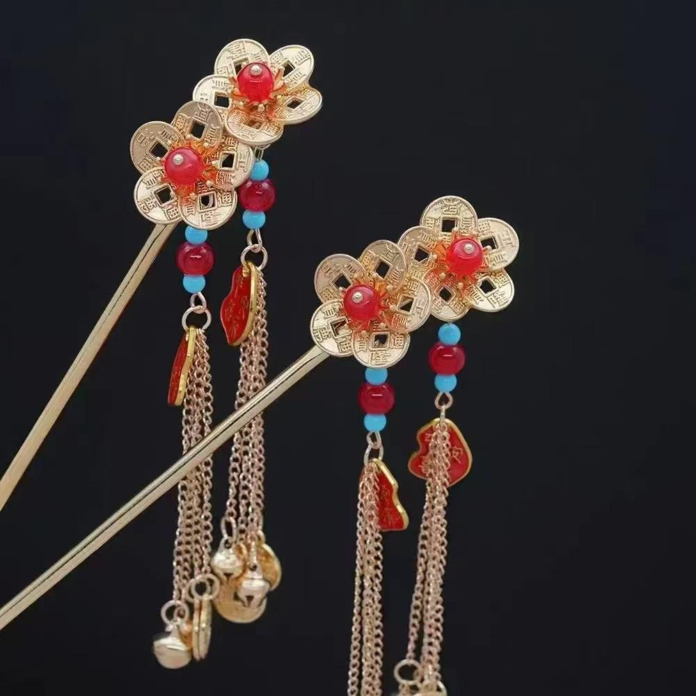 Vintage-Style Copper Coin Flower Hairpin with Tassel - Elegant Hanfu Hair Accessory