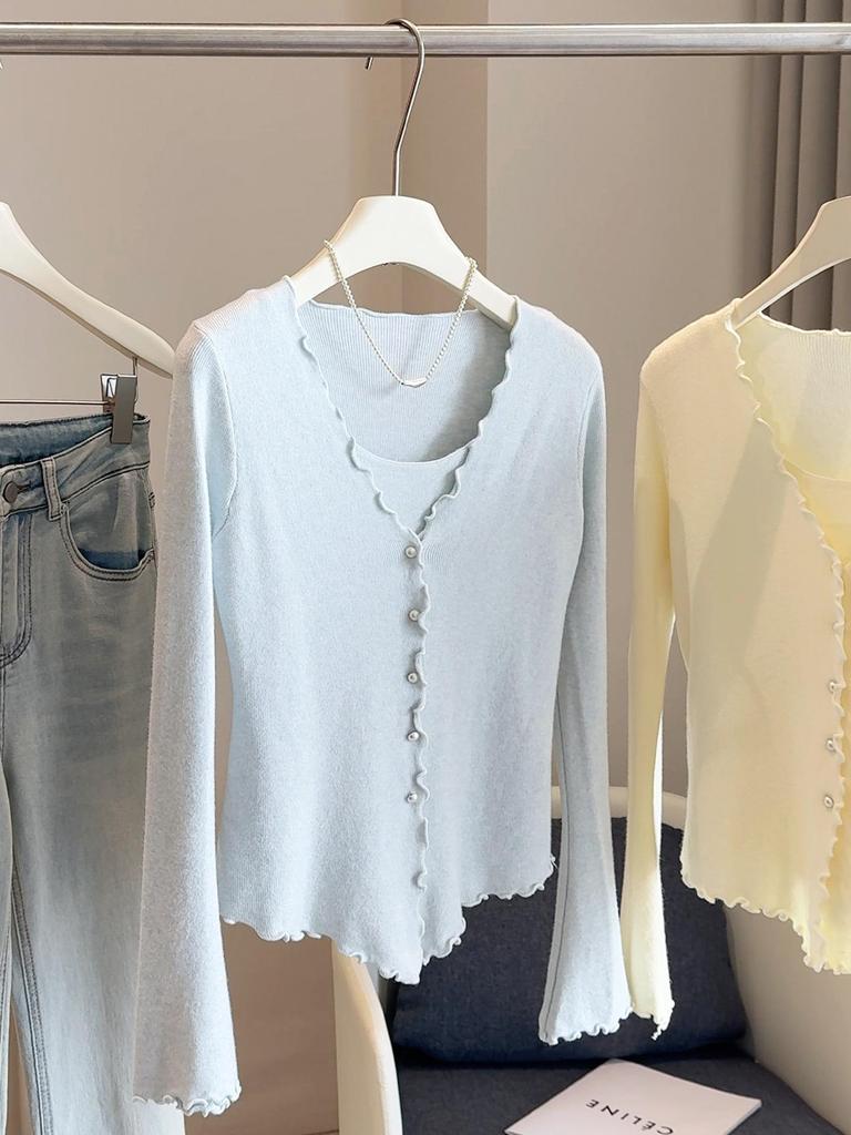 Koreanischer Stil Zweiteiliges Wollstrick-Camisole: Damen Schlankmachendes Langarm-Top für Herbst/Frühling