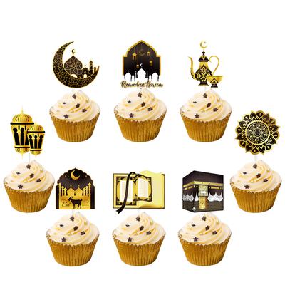 12pcs Eid Mubarak Cupcake Topper Ramadan Kareem Islamic Muslim Party Cake Topper Moon Star Mosque Cake Dessert DIY Decoration