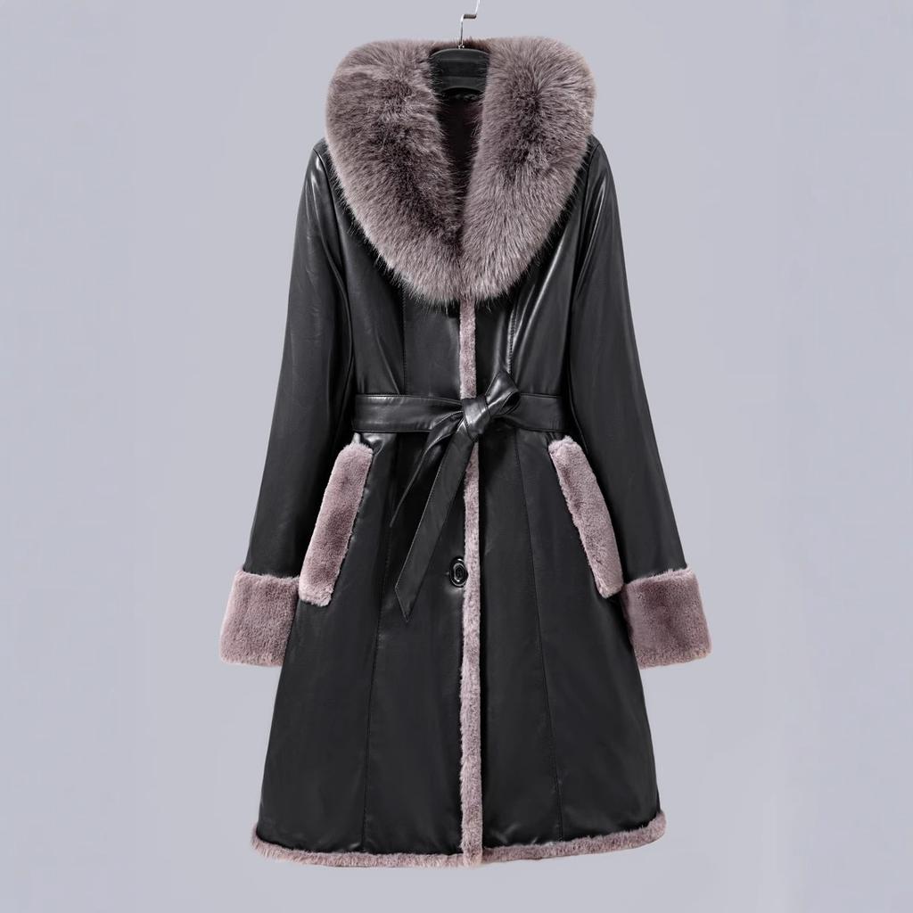 Winter Warm Kunstleder Damen Fleece Langer Mantel Damenbekleidung