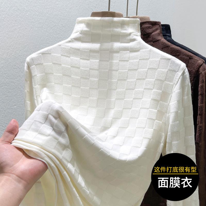 

Semi-turtleneck plaid jacquard women s summer new velvet inner bottoming shirt, trendy top XXXL белый
