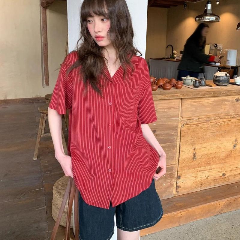 

Женская однотонная полосатая рубашка в стиле летнего отпуска, повседневная рубашка с коротким рукавом, универсальный топ для женщин на пуговицах XXL красный