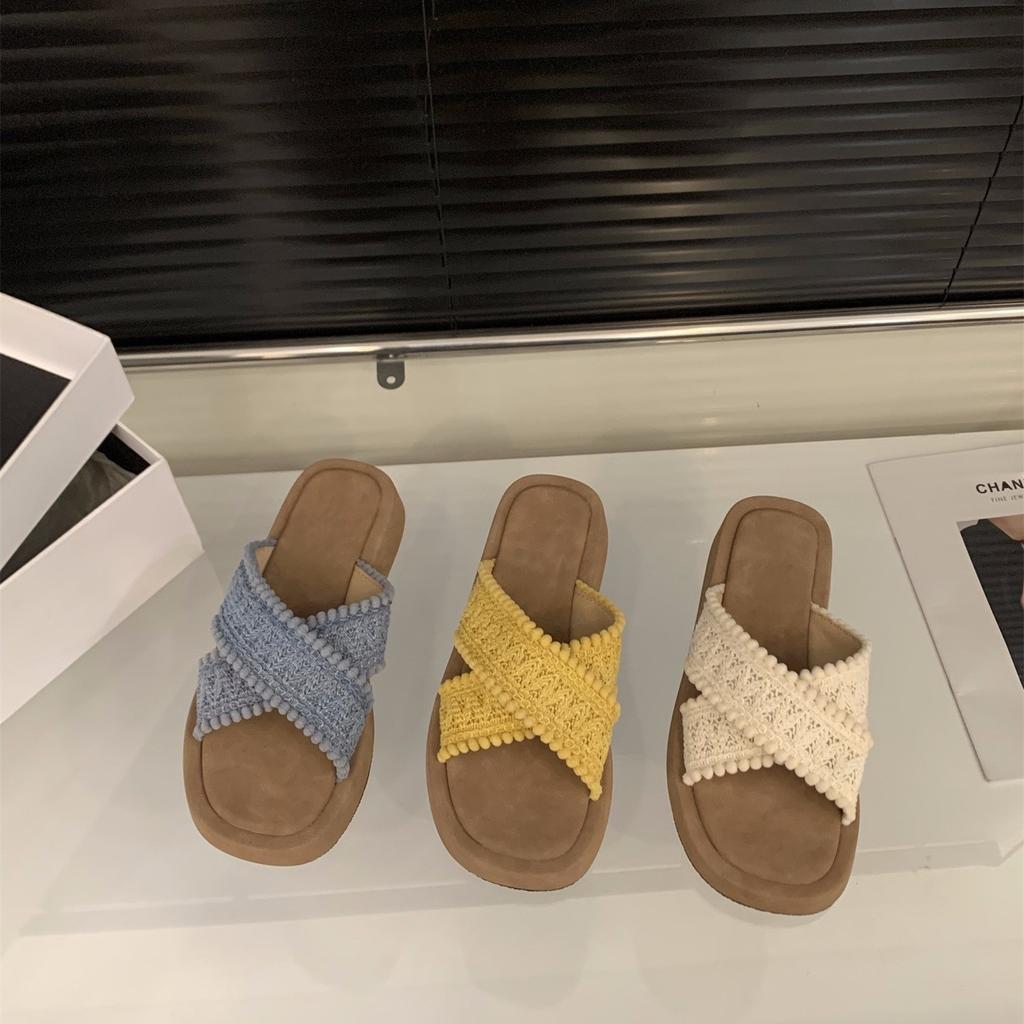 Thick-soled woven cross-strapped cool slippers fairy shoes outer wear 2025 summer with skirt vacation wind beach sandals