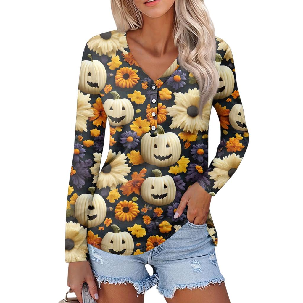 Women's Casual Fashion Sexy Comfort Halloween Printed V-Neck Button Long Sleeve