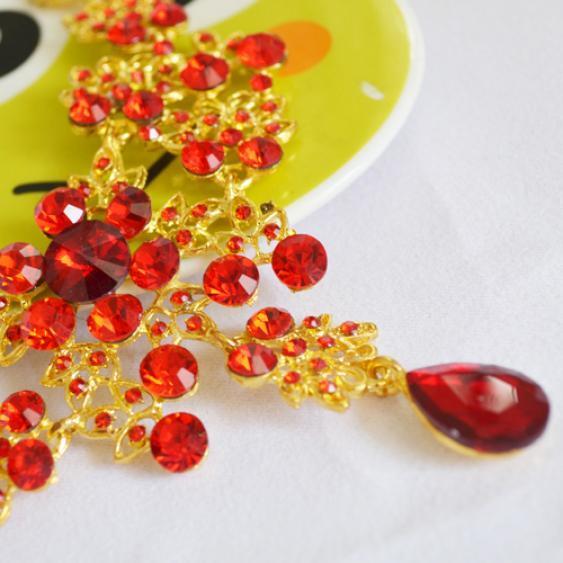 Party Red Color Golden Alloy Bridal Wedding Pendant Necklace Earrings Set