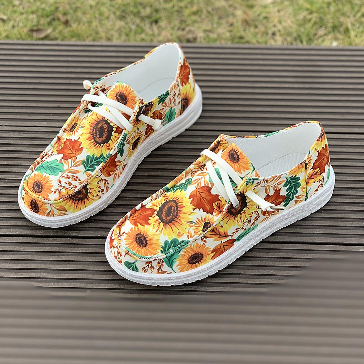 

Мода 2024 года. Женские модные удобные повседневные туфли на плоской подошве. Легкие удобные нескользящие кроссовки с круглым носком и желтым подсолнухом. 39 жёлтый