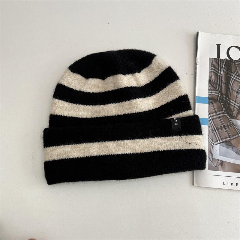 Striped letter sewn label roll brim casual retro fashion versatile street wool hat stack hat