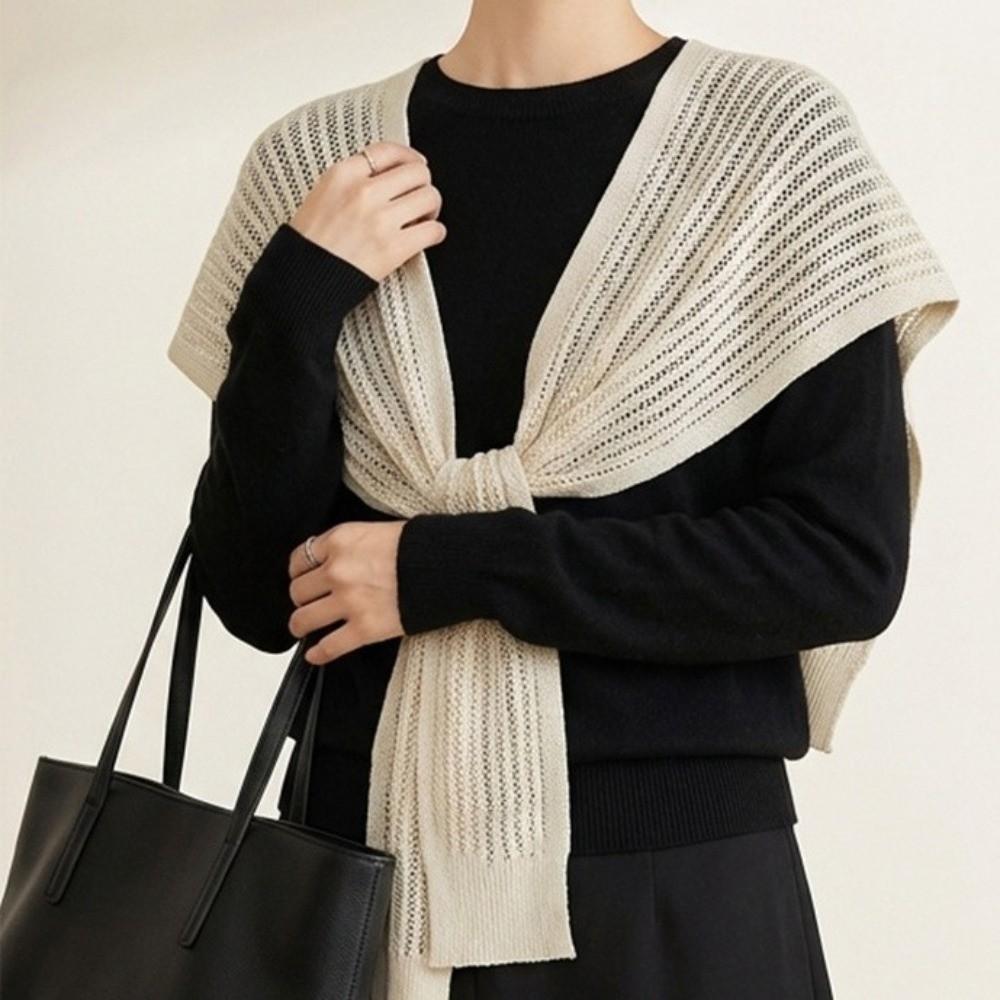 Summer Knitted Shawl Solid Color Neck Guard Scarf Fashion Thin Knotted Cape  for Women