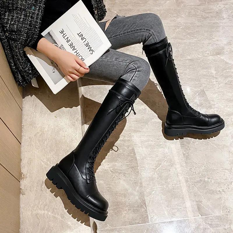 New Thicken Winter Knight Boots Women Knee High Long Square Heel Retro Motorcycle Black White Botas Mujer