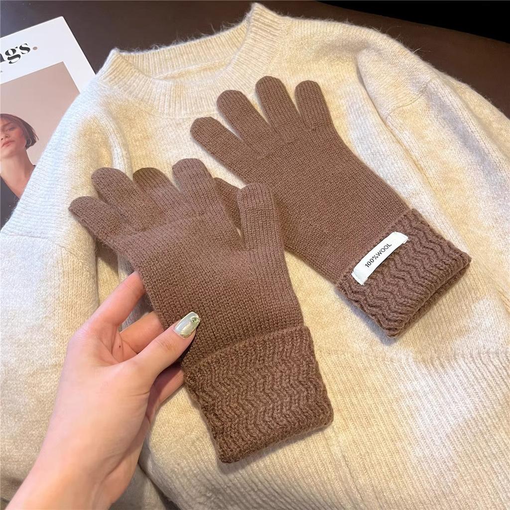 Australian Pure Wool Corrugated Set for Women Thickened Warm Fingerless Touch Screen Knitted Hand Gloves