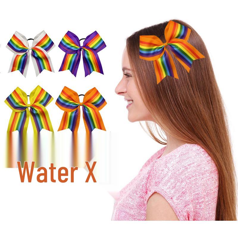 Trendy Rainbow Ribbed Bow Hair Clips & Rubber Band Sets for Kids