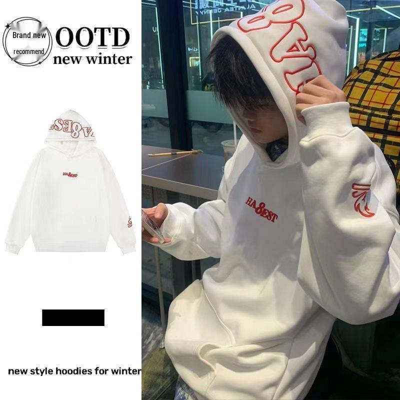 Cross-Border American Rapper Style 351-400g Flame Embroidery Men's Heavyweight Pure Cotton Hoodie