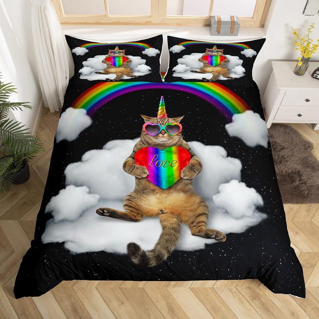 St. Patrick's Day Duvet Cover Cute Cats Rainbow Bedding Set Retro Lucky Clover Polyester Quilt Cover Cute Animal Comforter Cover